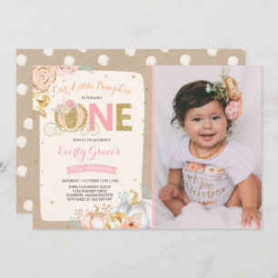Citrouille 1er anniversaire Invitation Rustic Pink