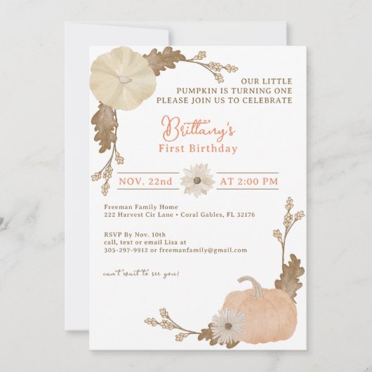 Citrouille aquarelle 1er Invitation anniversaire (Devant)