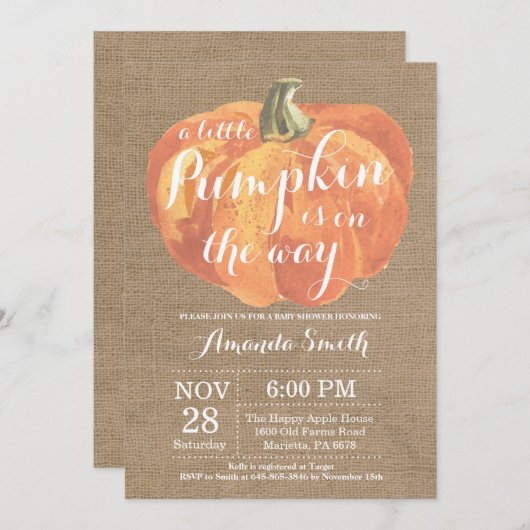 Citrouille Automne Baby shower Invitation Burlap (Devant / Derrière)