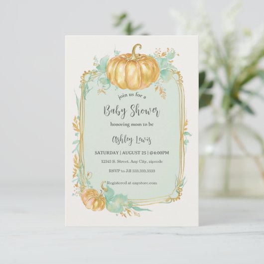 Citrouille automne Baby shower invitation Gold cit (Debout devant)