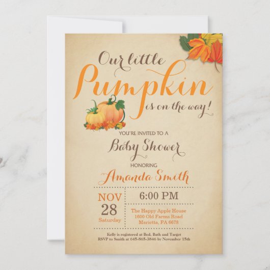 Citrouille Automne Baby shower Invitation Orange B (Devant)