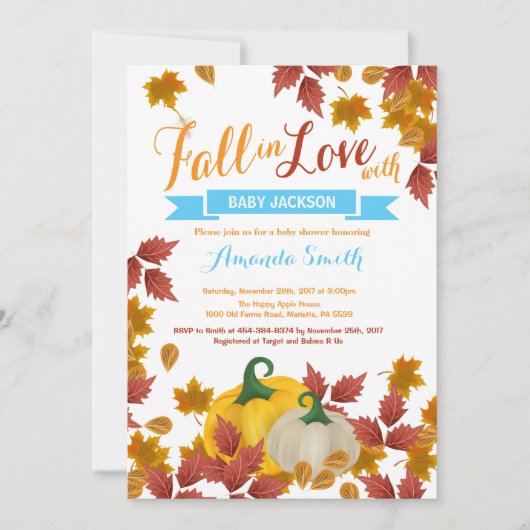 Citrouille Automne Blue Boy Baby shower invitation (Devant)