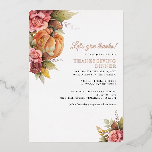 Citrouille automne Thanksgiving Invitation Rose or (Recto)
