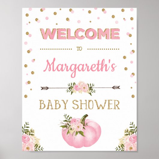 Citrouille Baby shower Affiche de bienvenue rose f (Devant)