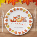 Citrouille Baby shower Automne Feuilles Jote Fox B<br><div class="desc">Pour un baby shower d'automne avec thème citrouille. Au centre, il y a un citrouille avec une chouette, entouré d'animaux de la forêt : un renard rouge à gauche, un écureuil et un lapin à droite. Sous eux, le nom et l'occasion sont écrits dans une écriture manuscrite rouge. Autour d'eux,...</div>