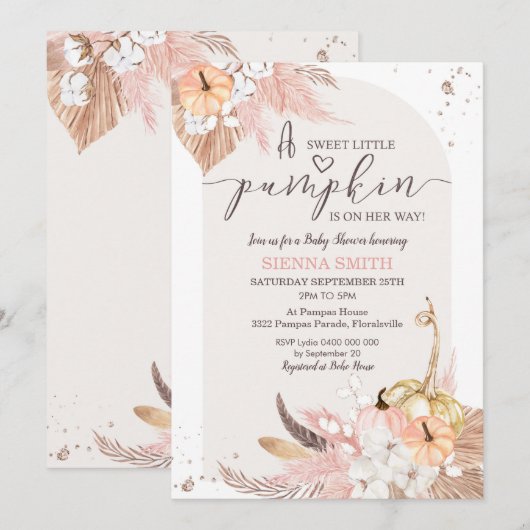 Citrouille Baby shower Invitation Boho Girl (Devant / Derrière)