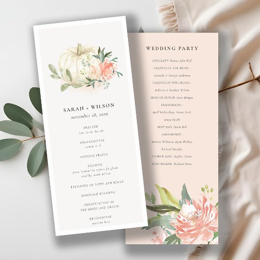 Citrouille blanc Blush Flora Mariage programme de
