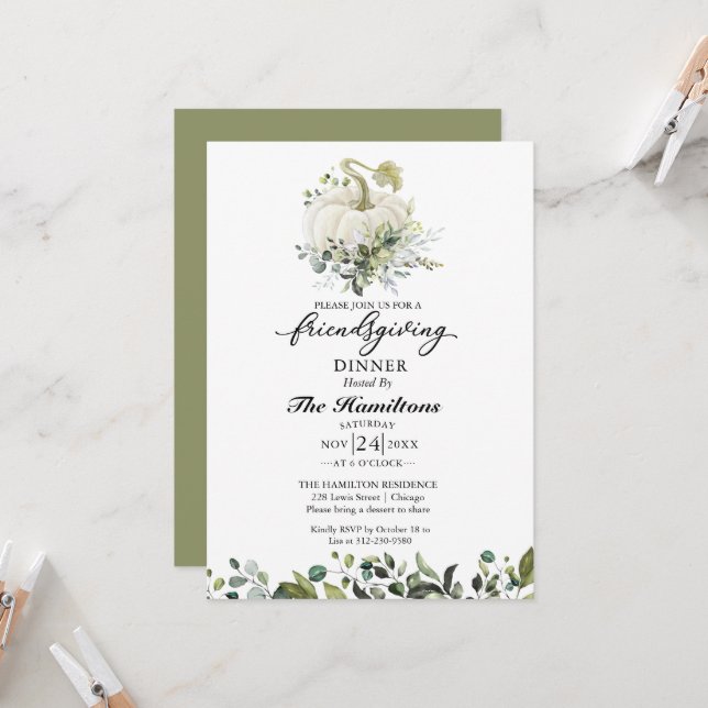 Citrouille blanc Invitation Dîner d'action (Devant/Arrière en situation)