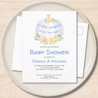 Citrouille Couples Baby shower bleu Carte postale