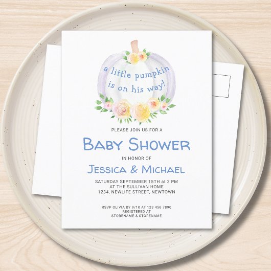 Citrouille Couples Baby shower bleu Carte postale