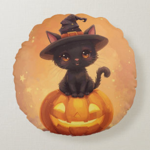 Citrouille de chat noir ronde Coussin d'Halloween