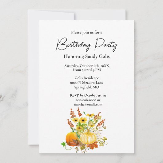 Citrouille de saison d'automne Invitation de fête  (Devant)