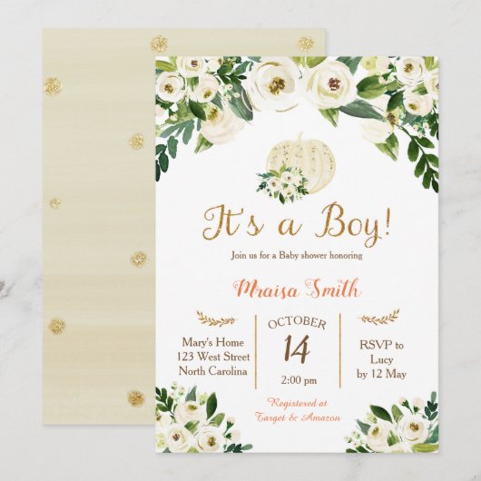 Citrouille d'or blanc Invitation de Baby shower (Devant / Derrière)