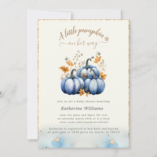 Citrouille d'or bleu Invitation Baby shower d'auto (Devant)