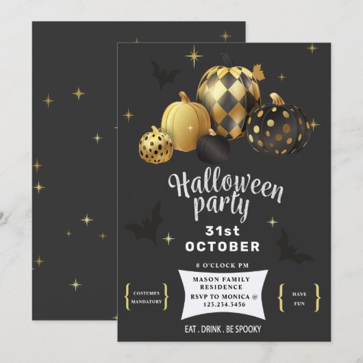 Citrouille d'or Elegant Halloween fête Invitation (Devant / Derrière)