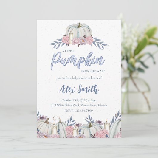 Citrouille Dusty Blue Baby shower Invitation Garço (Debout devant)