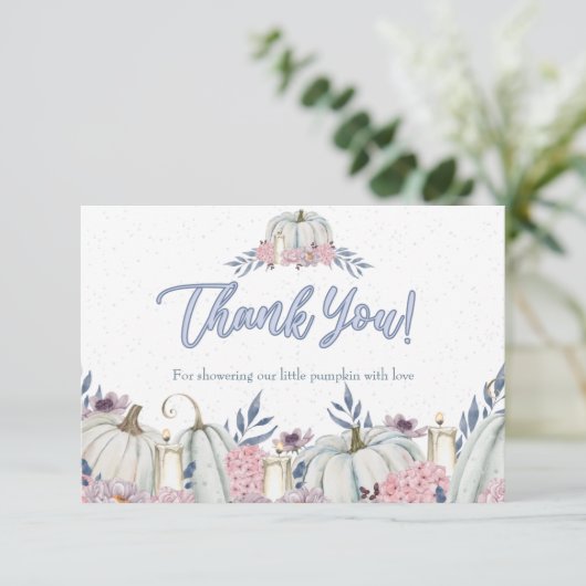 Citrouille Dusty Blue Boy Baby shower Carte de rem (Debout devant)