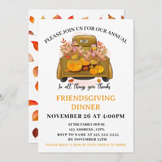 Citrouille Friendsgiving Diner party Invitation (Devant / Derrière)