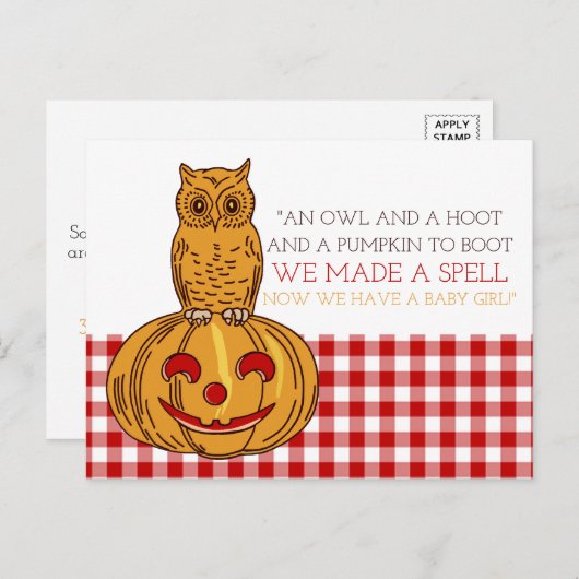 Citrouille Owl & En vichy bébé Faire-part fille (Devant / Derrière)