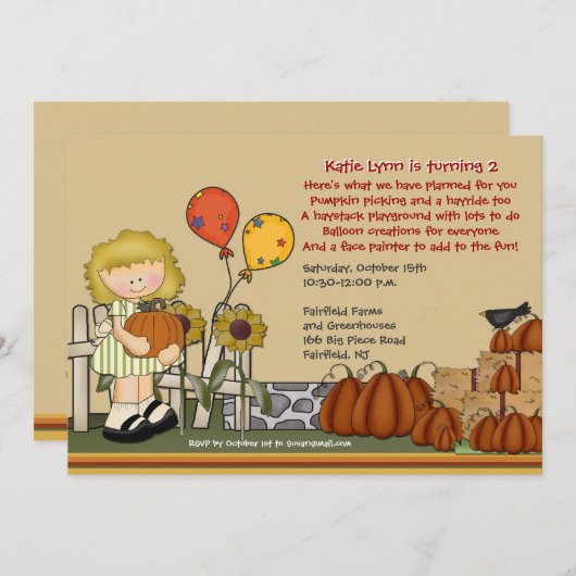 Citrouille Patch Invitation Fille Anniversaire (Devant / Derrière)