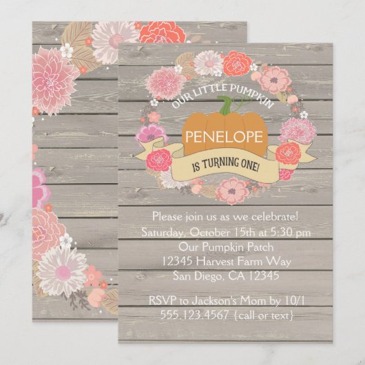 Citrouille rose 1er anniversaire Invitation de fêt (Devant / Derrière)