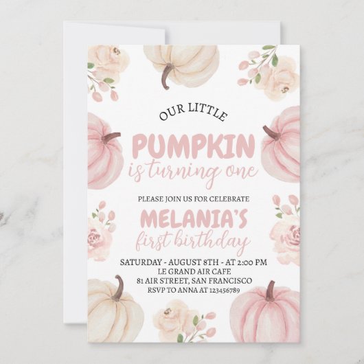Citrouille rose Premier Invitation d'anniversaire (Devant)