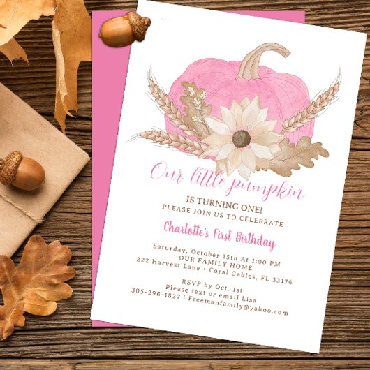 Citrouille rose Premier Invitation d'anniversaire