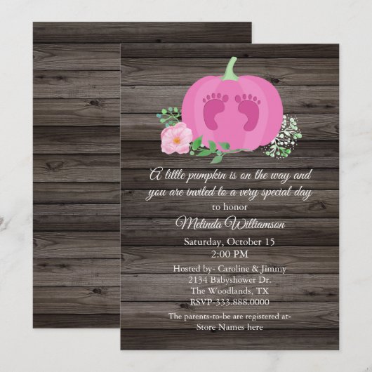 Citrouille rose Rustic Baby shower Invitation (Devant / Derrière)