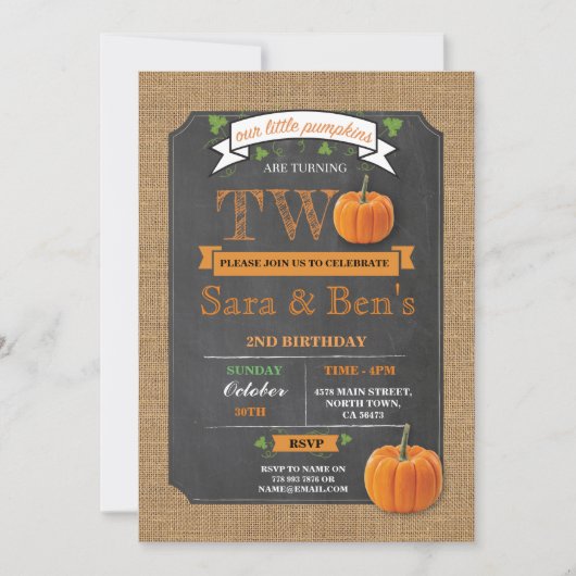 Citrouille Twins 2e Deuxième Deux Invitation de fê (Devant)