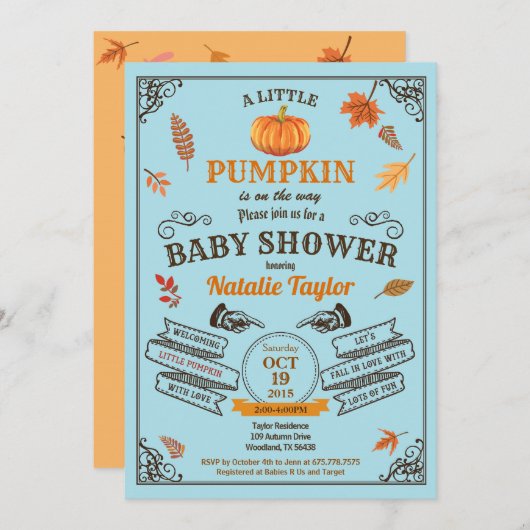 citrouille Vintage petit garçon invitation bleue (Devant / Derrière)