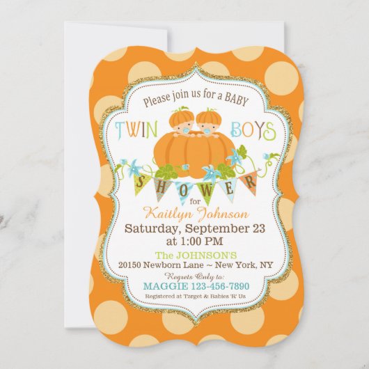 Citrouilles Twin Boys Fall Baby Shower Invitations (Devant)