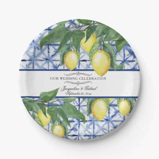 Citrus Bloemblad Bladkrans Blauw Wit Papieren Bordje (Voorkant)
