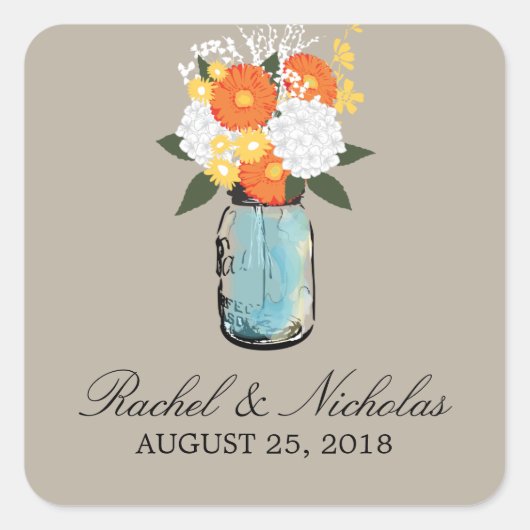 Citrus Bloom Mason Jar | Bruiloft Vierkante Sticker (Voorkant)