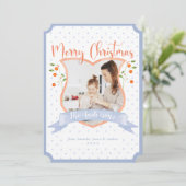 Citrus Blue Chinoiserie Crest One Photo met Kerstm Feestdagenkaart (Staand voorkant)