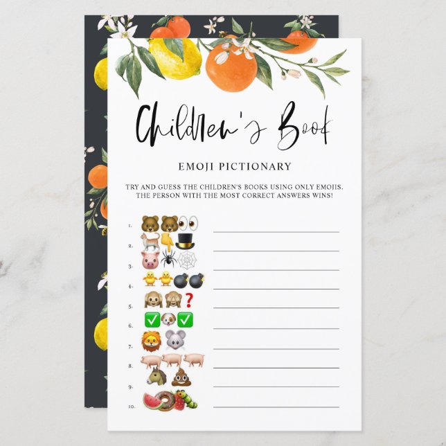 Citrus Botanical Emoji Pictionary Baby shower Game (Voorkant / Achterkant)