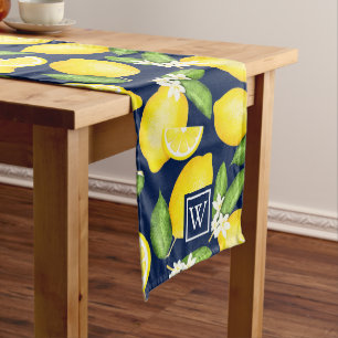 Citrus Botanical Lemon Navy Blue Monogram Lange Tafelloper
