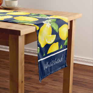 Citrus Botanical Lemon Personalize Navy Blue Lange Tafelloper