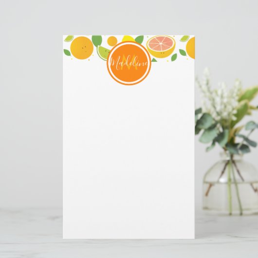Citrus Characters Leaf Pattern Name Initiaal Briefpapier (Staand voorkant)