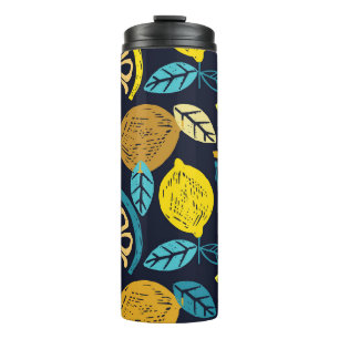 Citrus citroen doodle patroon achtergrond thermosbeker