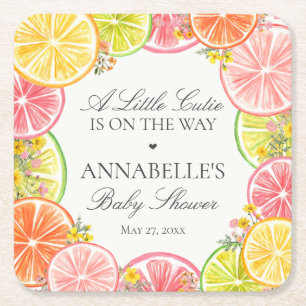 Citrus Floral Little Cutie Baby shower tafel Vierkante Kartonnen Onderzetter