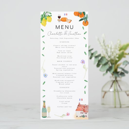 Citrus Frans Boho Bruiloft Menu (Staand voorkant)