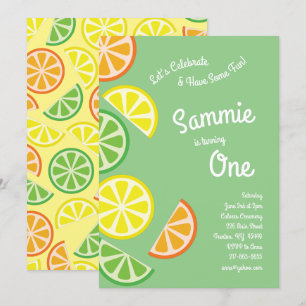 Citrus Fruit Colorful 1st Birthday Invitation Kaart