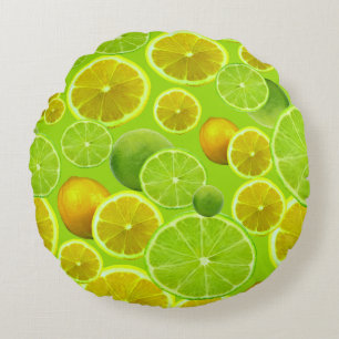Citrus Fruit, Lemon en Limoen gepatterd Rond Kussen