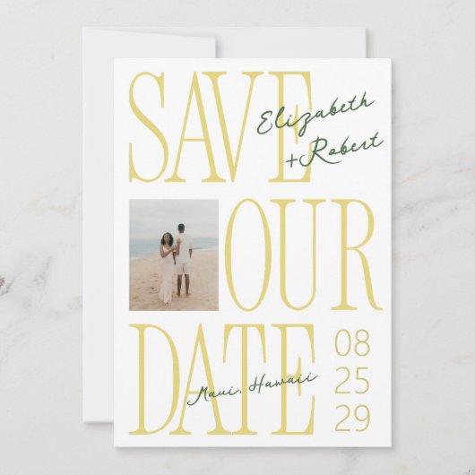 Citrus Geel & Groene Typografie Stijlvolle Trouwda Save The Date (Voorkant)