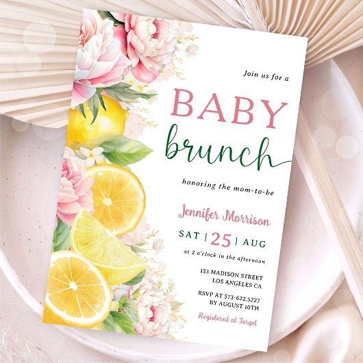 Citrus Lemon Baby Brunch Meisje Roze Bloemen Kaart