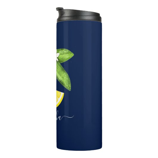 Citrus Lemon Monogram Navy Blue Thermosbeker (Geroteerd rechts)
