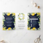 Citrus Lemon Orchard All in One Navy Blue Wedding Drieluik Uitnodiging (Binnen)
