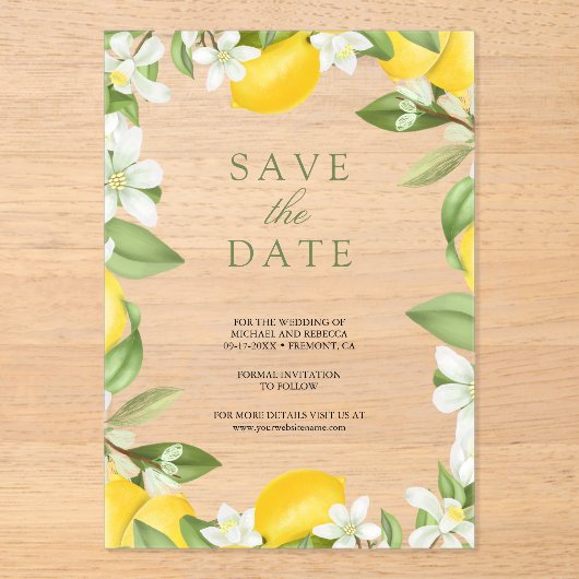 Citrus Lemon Orchard Wedding Save the Date Acryl Uitnodigingen (Voorkant)