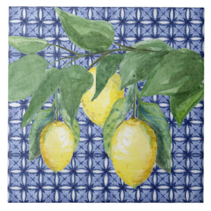 Citrus Lemon Waterverf valoliepatroon Navy Blue Tegeltje