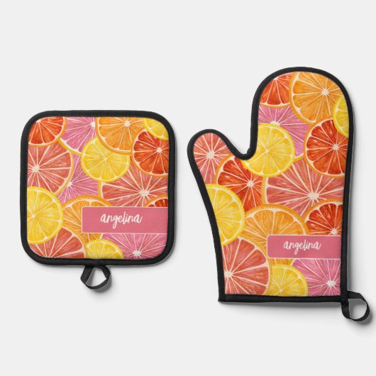 Citrus Pattern - Aangepaste naam - Roze Sinaasappe Ovenwant & Pannenlap Set (Voorkant)